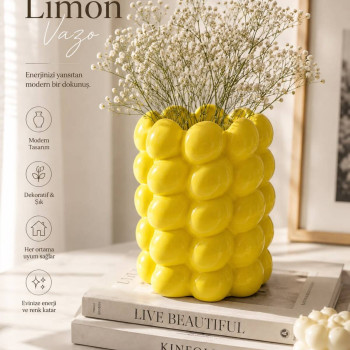Limon Vazo Sarı Dekoratif Vazo - 3 Adet Dekoratif Limon Hediyeli